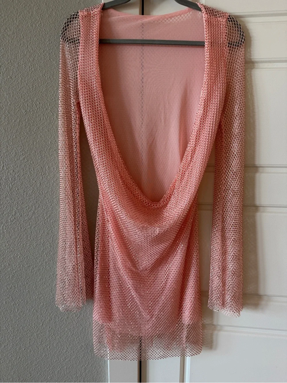 Meshki Samira Flare Sleeve Diamante Mesh Mini Dress Baby Pink size Small - Picture 5 of 8